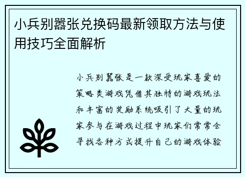 小兵别嚣张兑换码最新领取方法与使用技巧全面解析